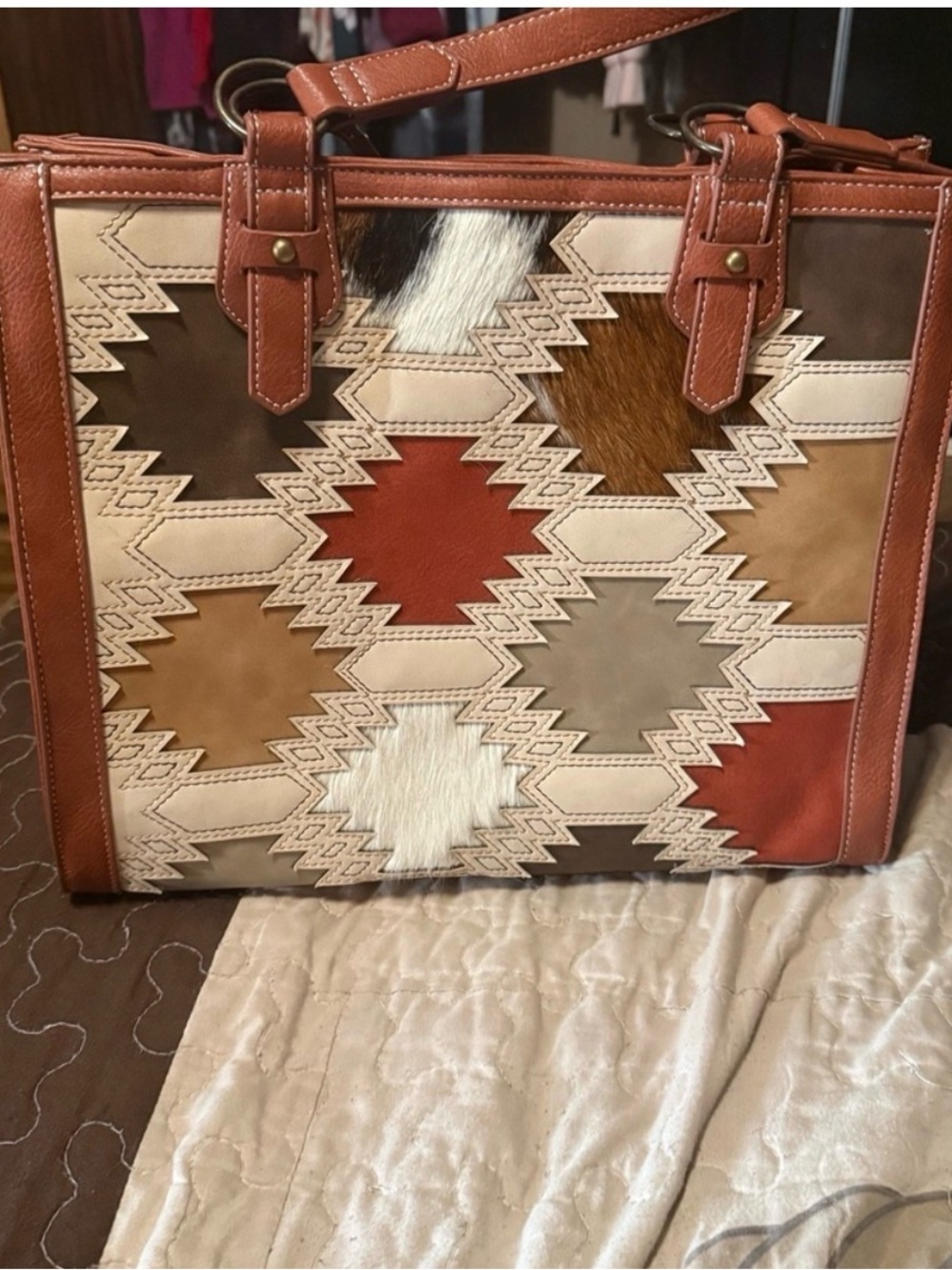 Leather Patchwork Tote Bag in Multi-Color